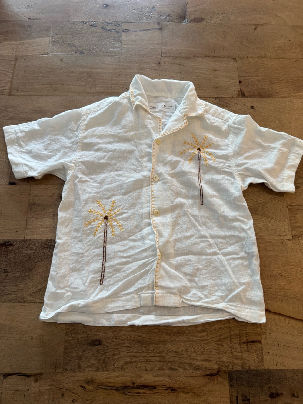 Zara White Short-Sleeve cotton Linen Shirt Yellow Embroidery sz 6-7 vacation